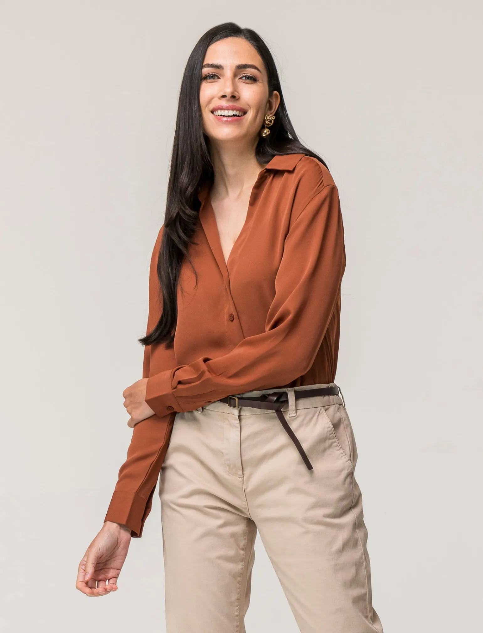 Donna Piazza Italia Donna | Camicie E Casacche<Camicia basic vestibilità regual in tessuto georgette e scollo a V - coccio