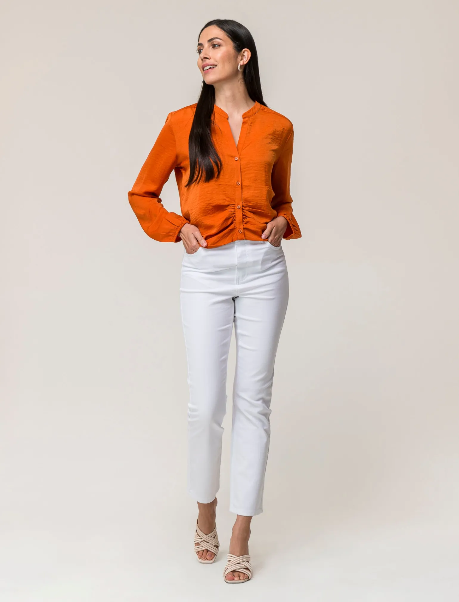Donna Piazza Italia Donna | Camicie E Casacche<Camicia cropped manica lunga e con pieghe sul fondo effetto sblusato - Arancio
