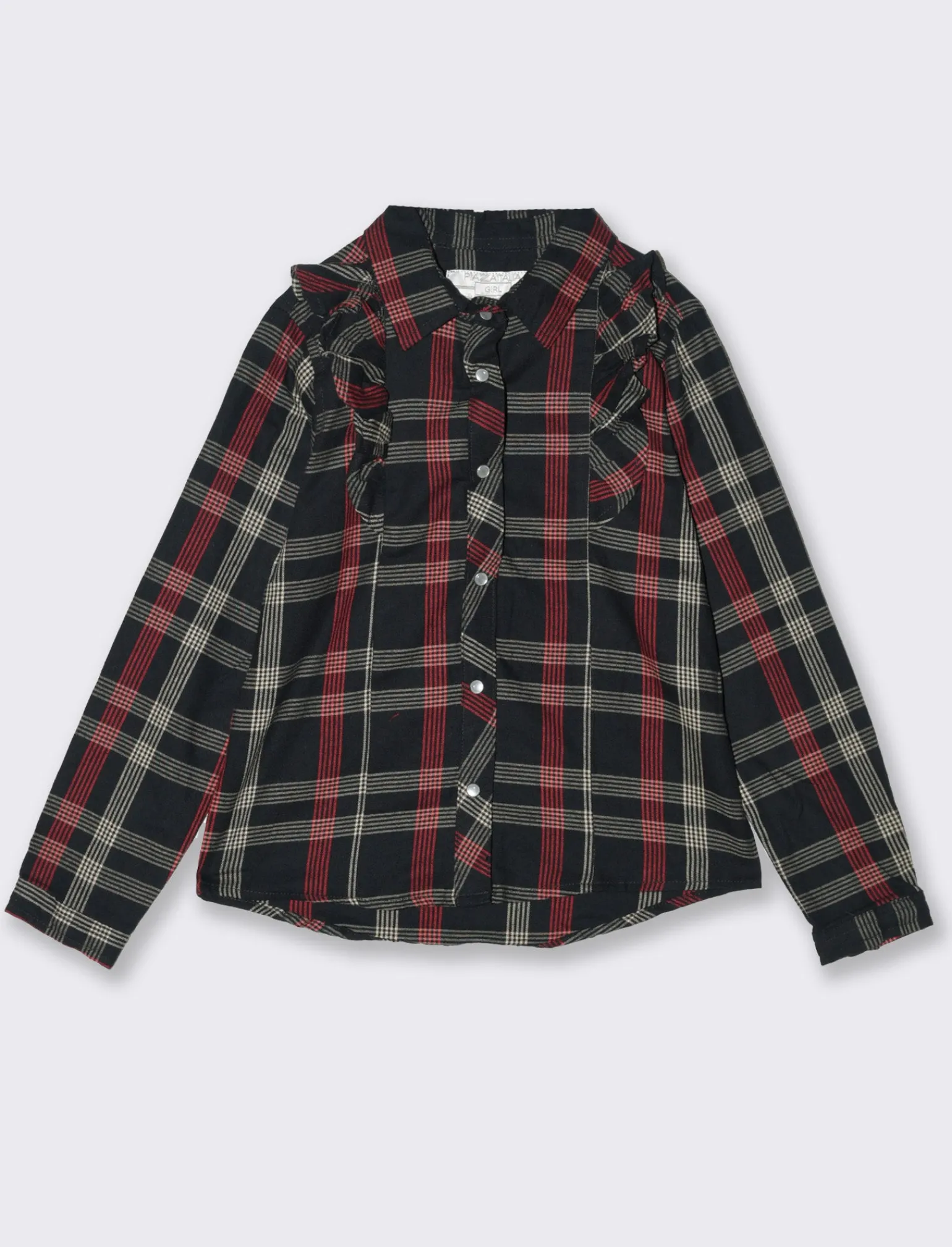 Piazza Italia Bambina | Camicie E Bluse<Camicia da bambina finto filo a quadri con rouches e bottoni perlati a pressione - Nero