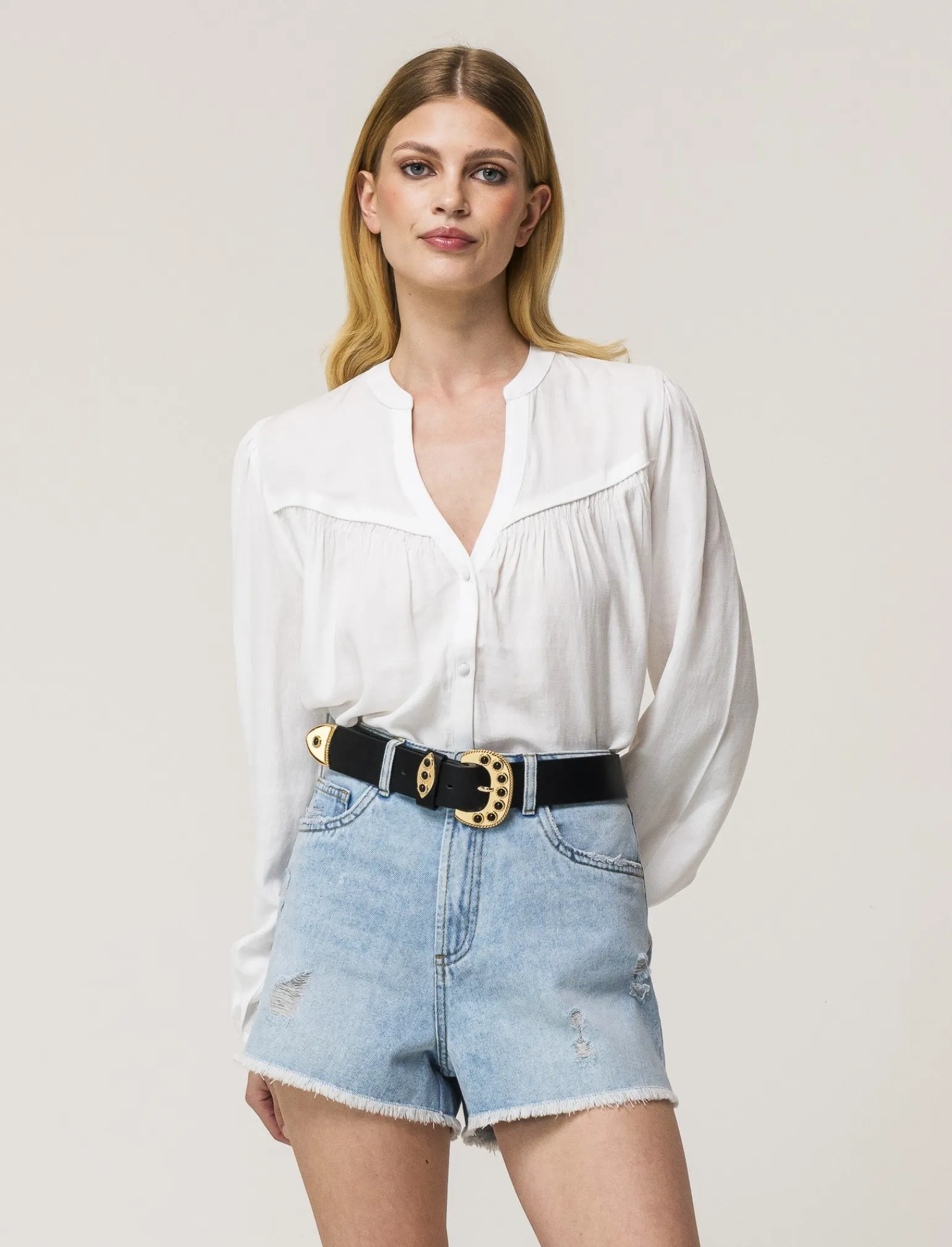 Donna Piazza Italia Camicie E Casacche<Camicia fluida con collo alla coreana e maniche ampie e applicazione nerve con arriccio -