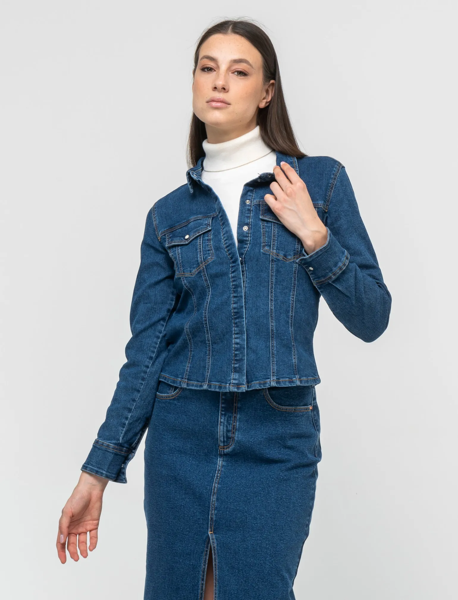 Donna Piazza Italia Donna | Camicie E Casacche<Camicia in denim skinny elastico con bottoni a pressione - Denim