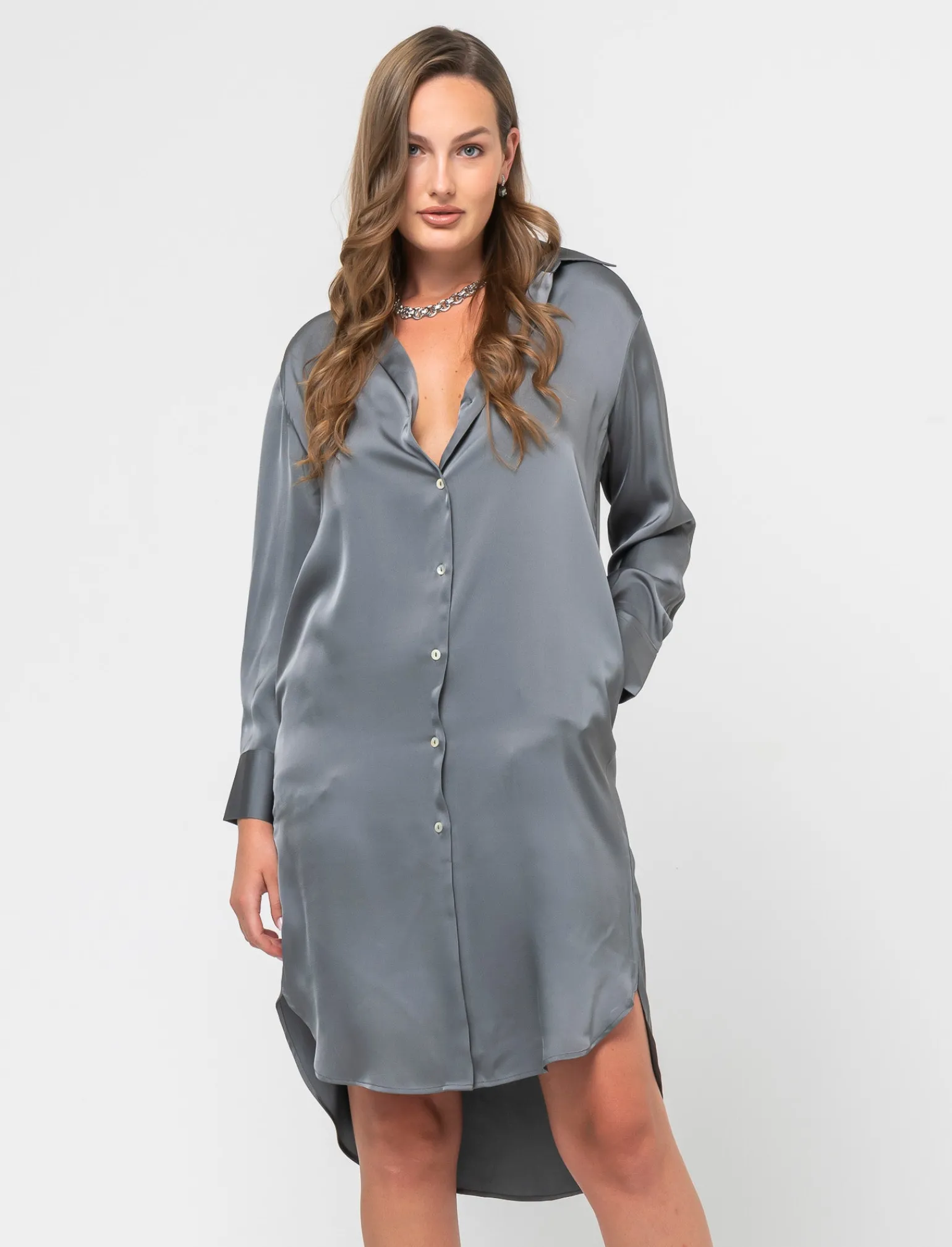 Donna Piazza Italia Donna | Camicie E Casacche<Camicia lunga in tessuto di raso morbido sulla spalla - piombo
