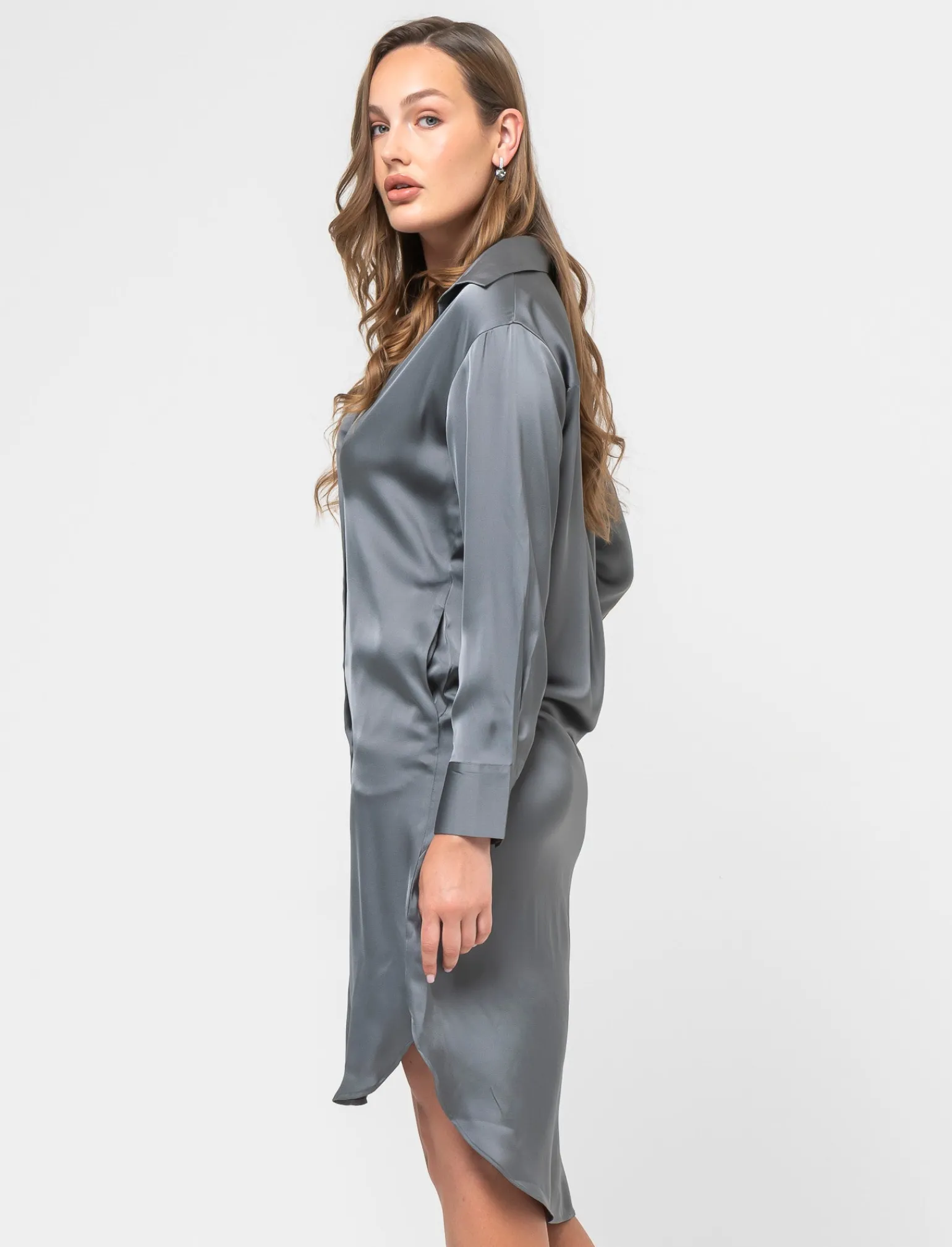 Donna Piazza Italia Donna | Camicie E Casacche<Camicia lunga in tessuto di raso morbido sulla spalla - piombo