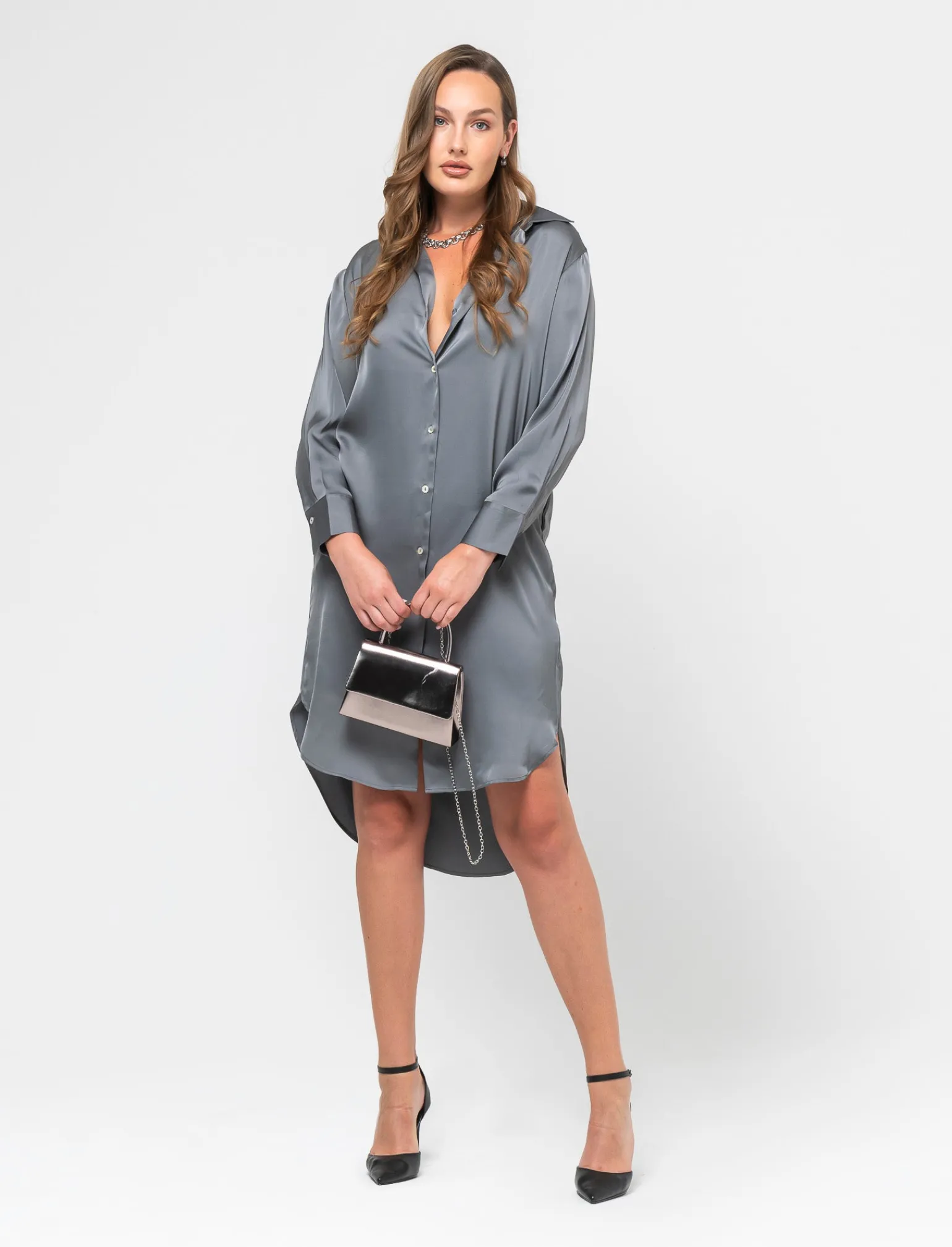 Donna Piazza Italia Donna | Camicie E Casacche<Camicia lunga in tessuto di raso morbido sulla spalla - piombo