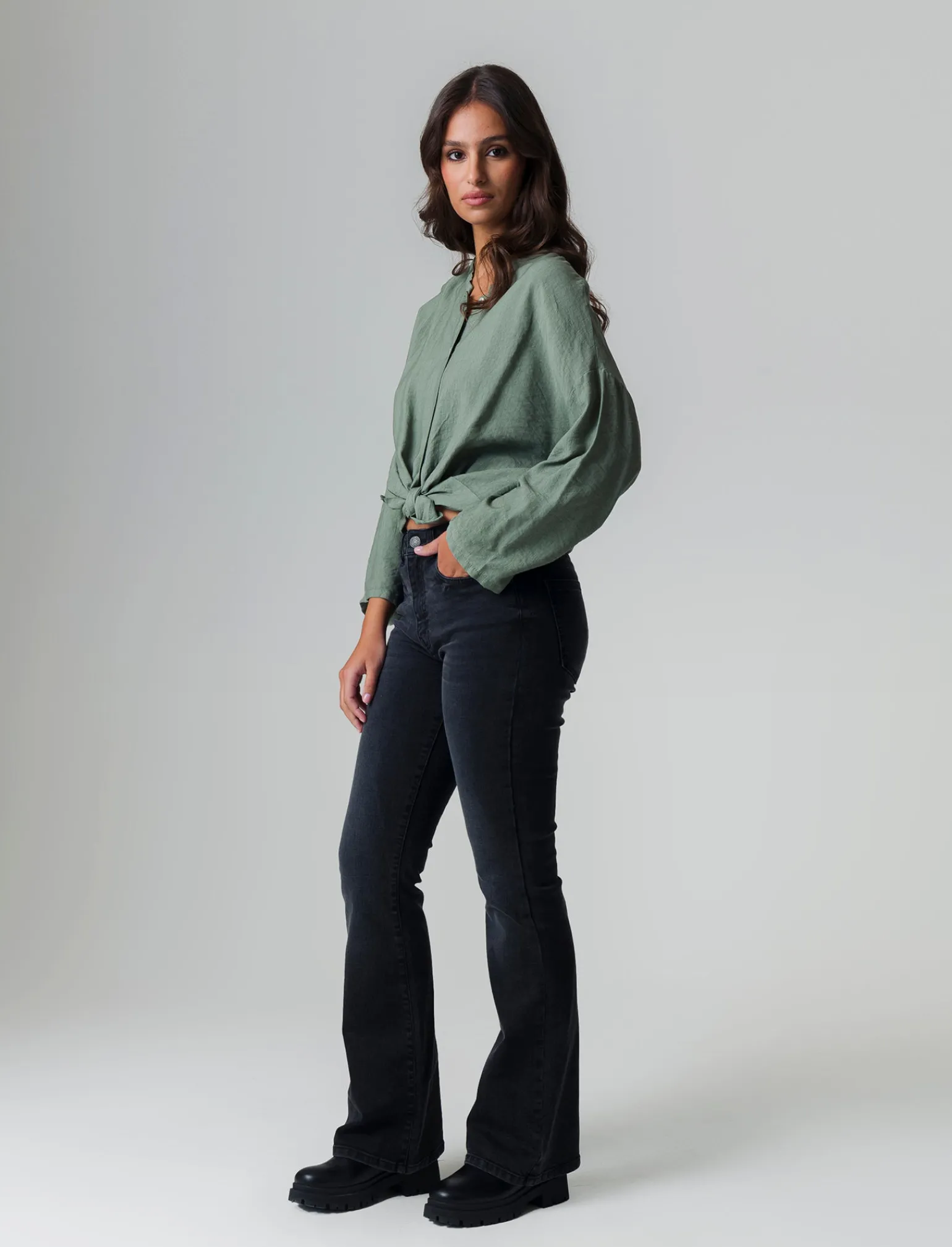 Donna Piazza Italia Camicie E Casacche<Camicia manica lunga con nodo e colletto alla coreana - salvia