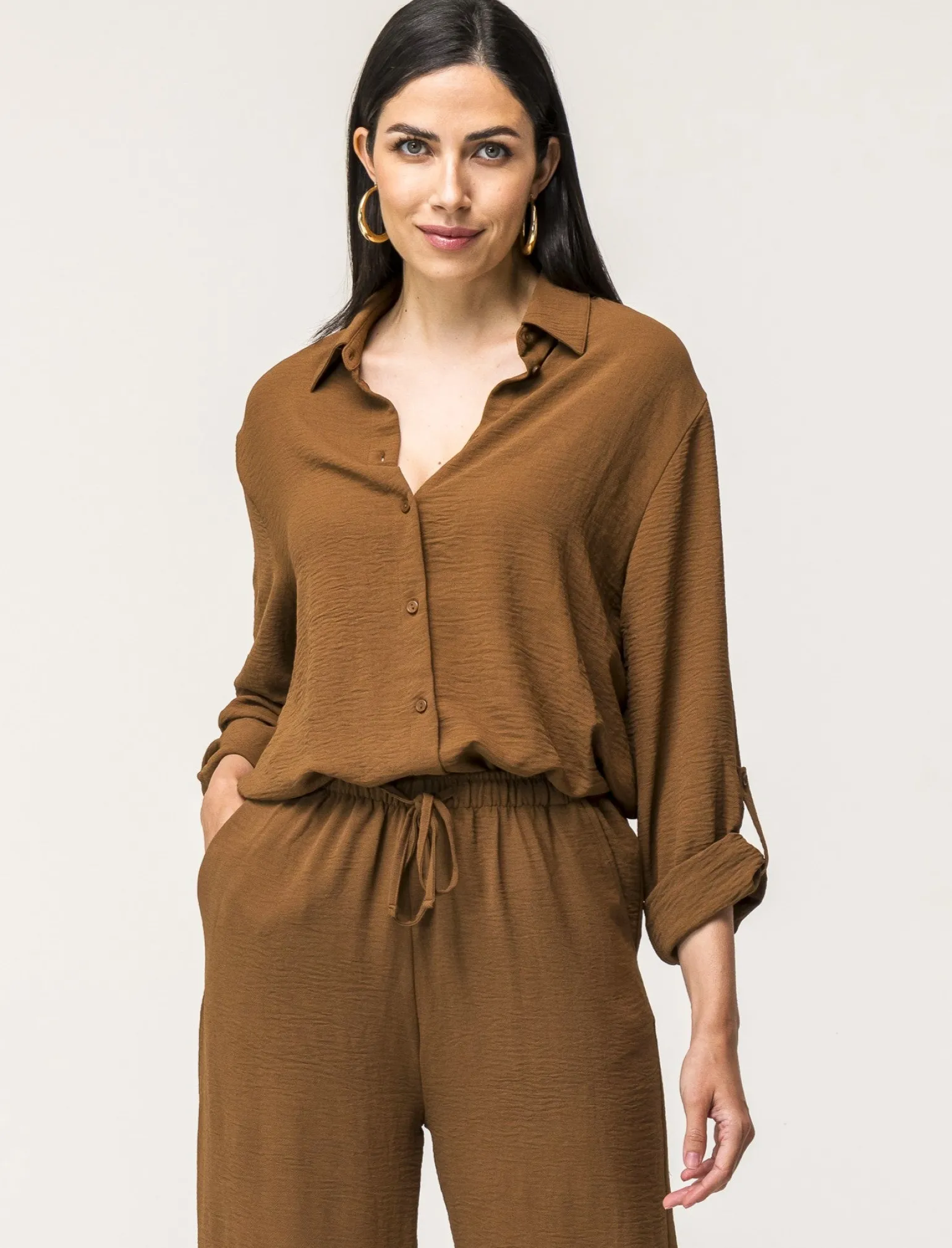Donna Piazza Italia Camicie E Casacche<Camicia manica lunga in tessuto fluido con spalla scesa e alette sulla manica - tabacco
