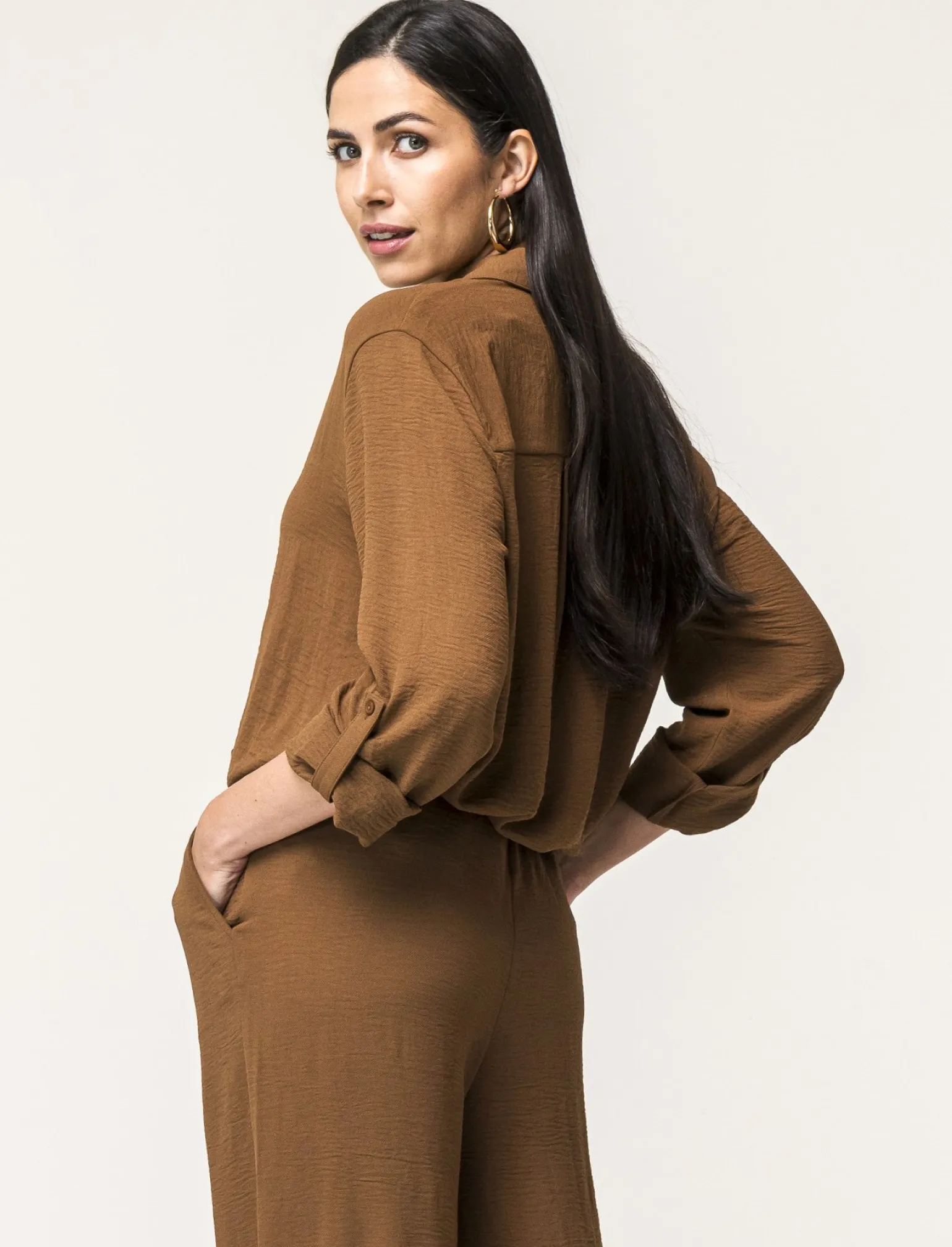 Donna Piazza Italia Camicie E Casacche<Camicia manica lunga in tessuto fluido con spalla scesa e alette sulla manica - tabacco