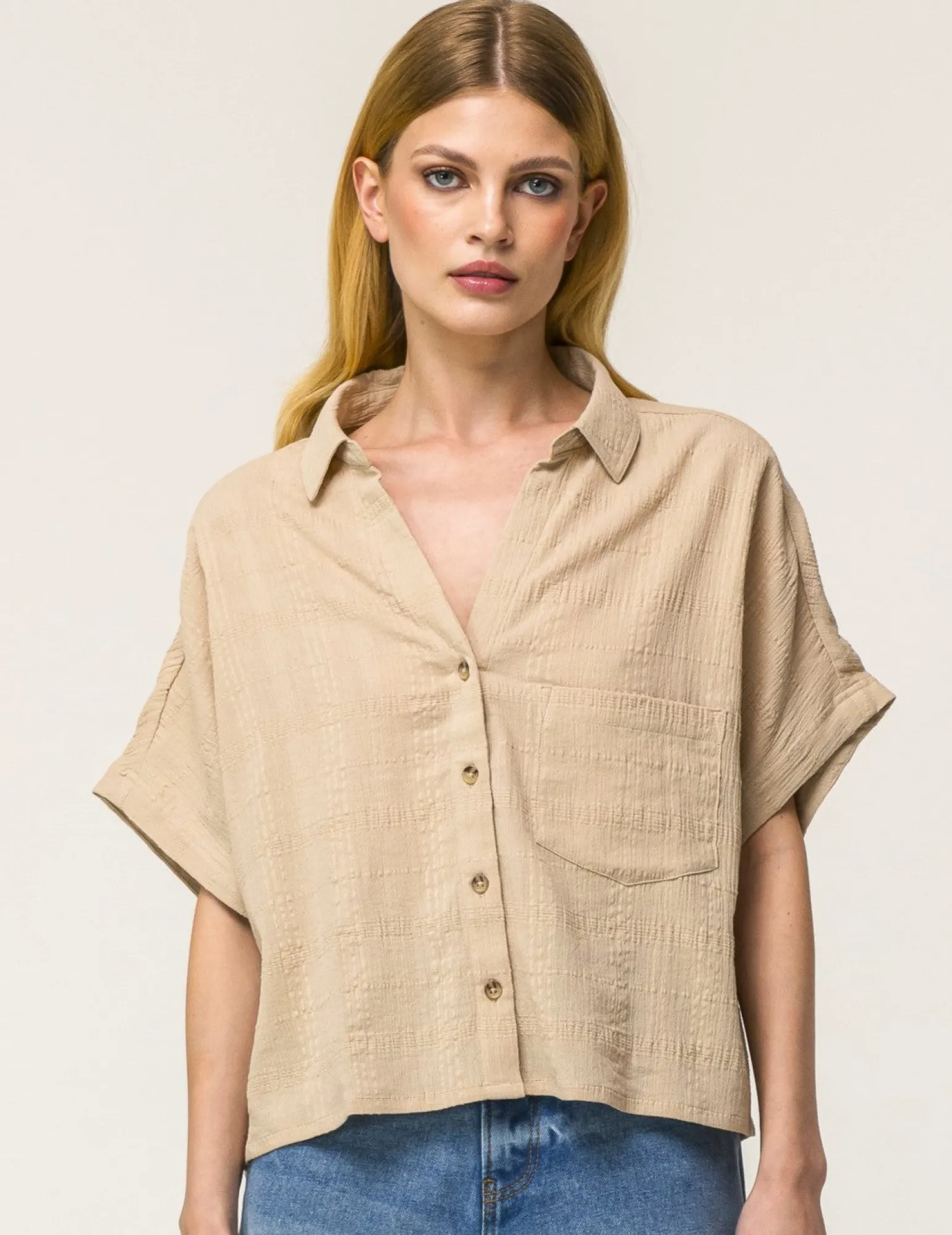 Donna Piazza Italia Camicie E Casacche<Camicia mezza manica in cotone con tasca applicata - Beige corda