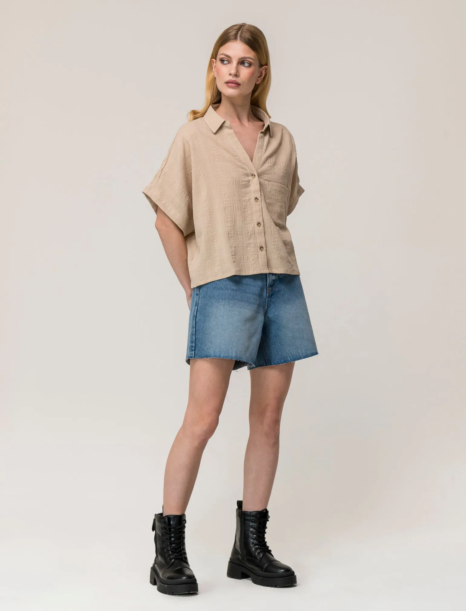 Donna Piazza Italia Camicie E Casacche<Camicia mezza manica in cotone con tasca applicata - Beige corda