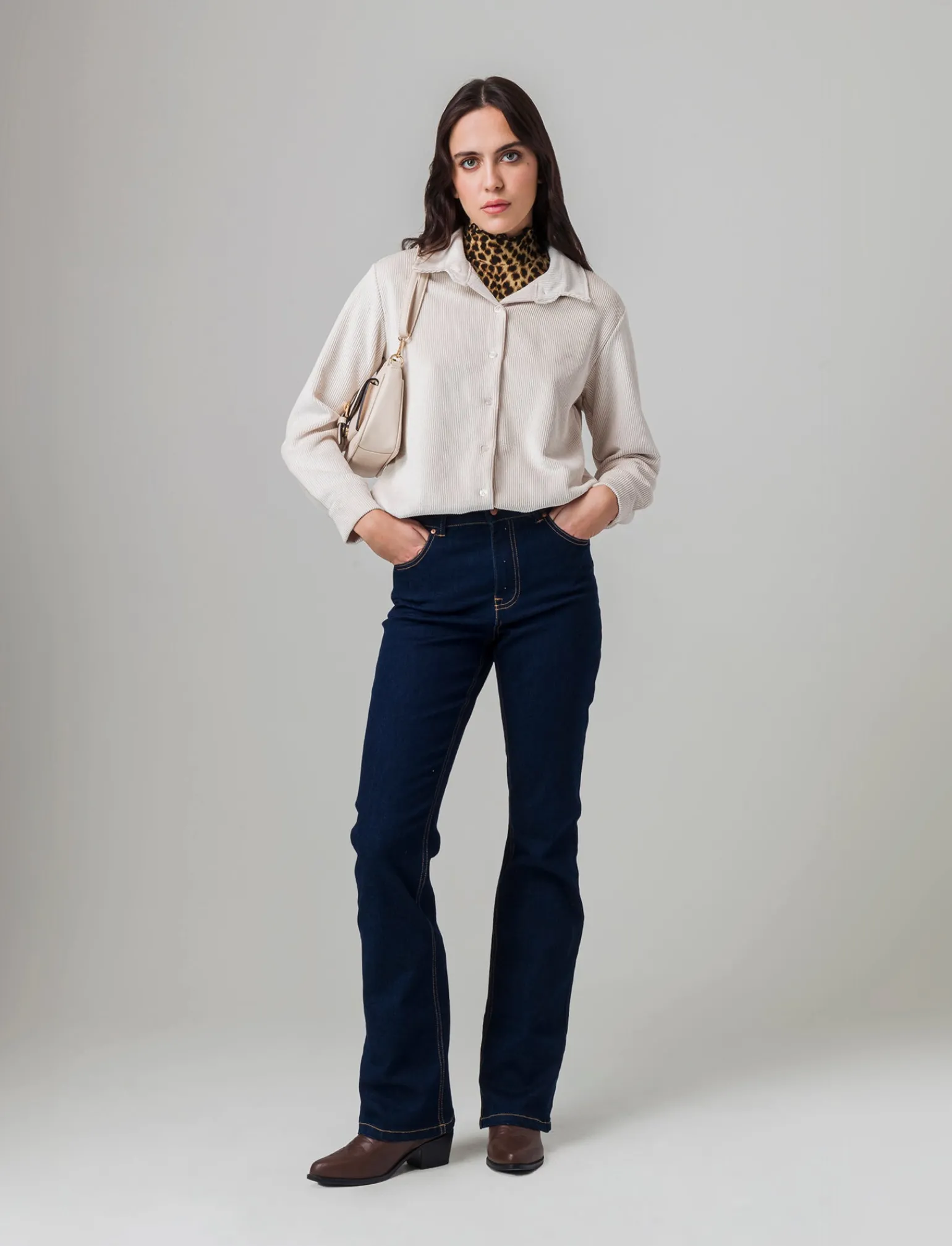 Donna Piazza Italia Donna | Camicie E Casacche<Camicia mnica lunga a coste con tessuto effetto velluto - panna
