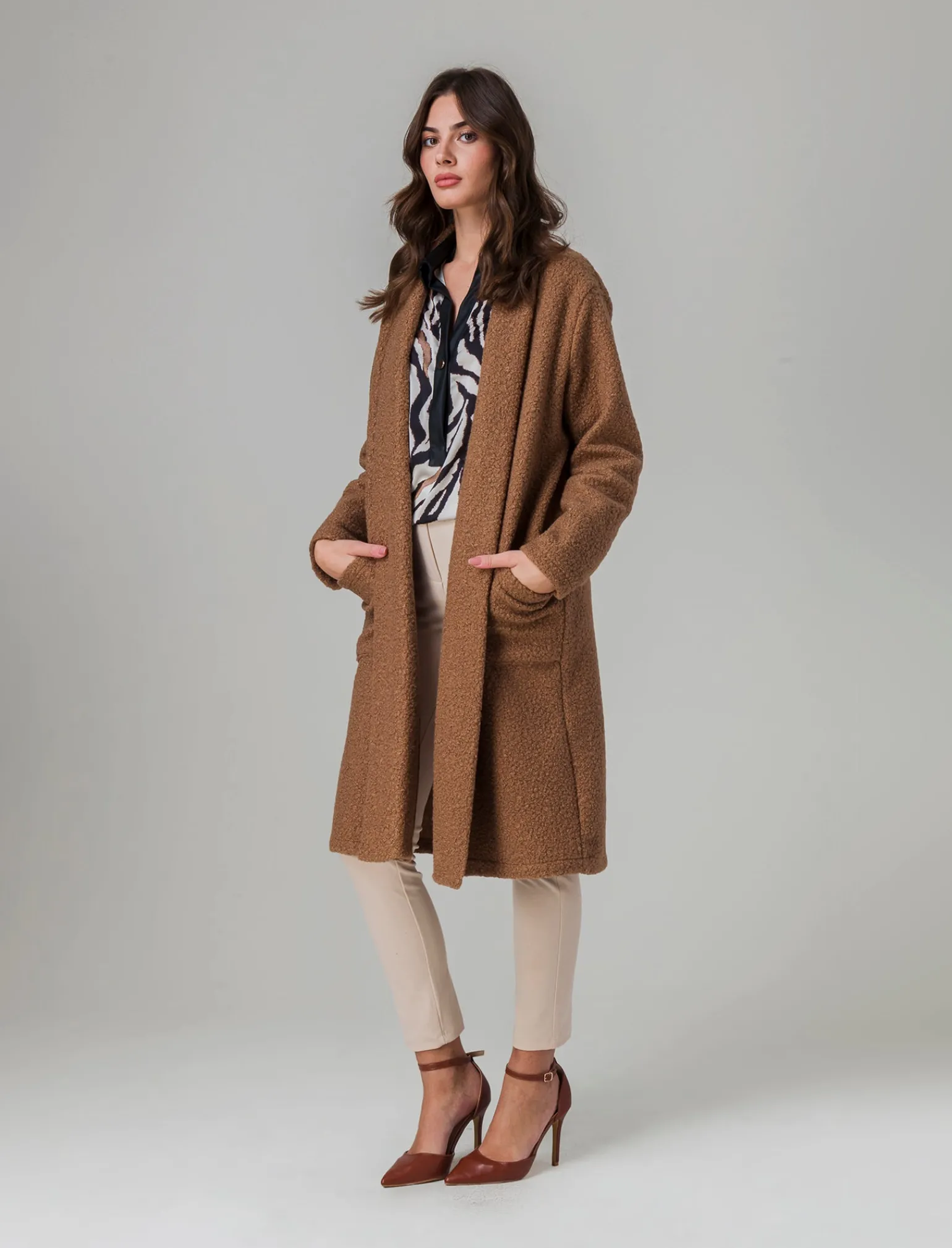 Donna Piazza Italia Donna | Giubbini E Cappotti<Cappotto aperto in tessuto bouclè - Cammello