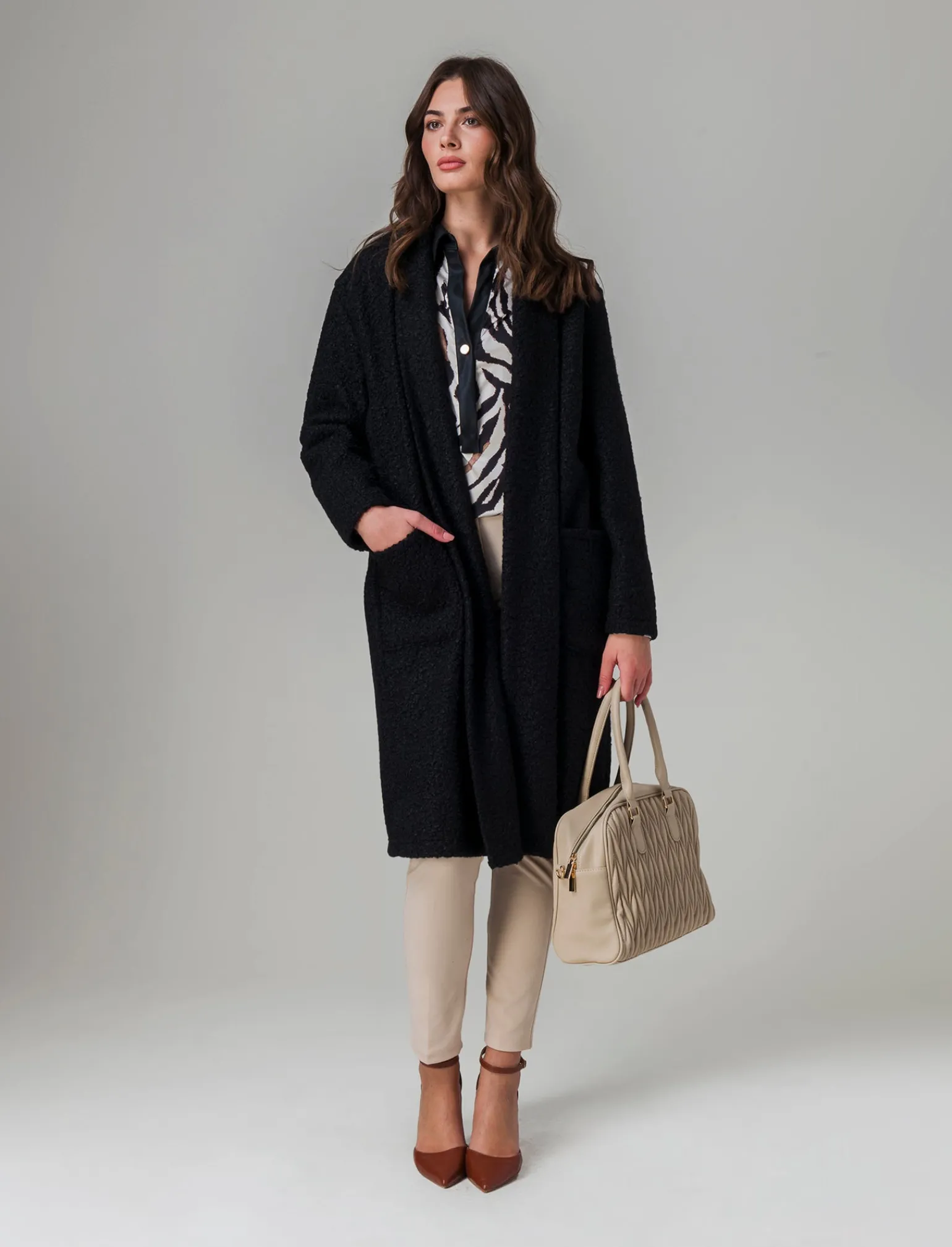 Donna Piazza Italia Donna | Giubbini E Cappotti<Cappotto aperto in tessuto bouclè - Nero