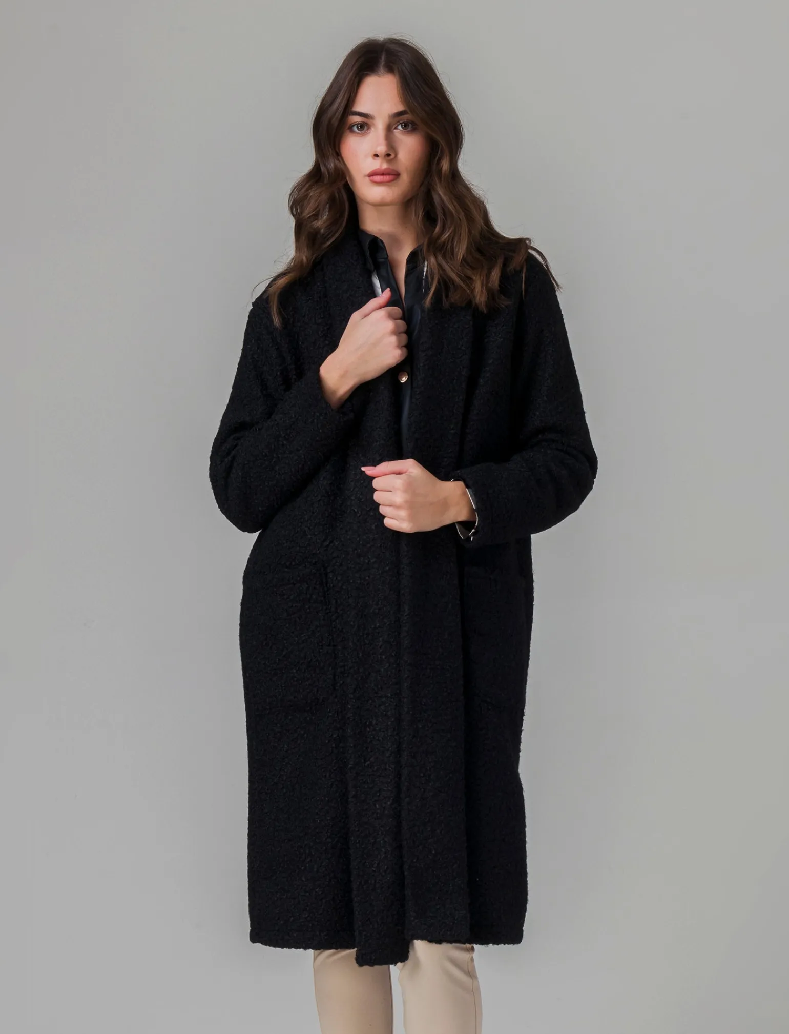 Donna Piazza Italia Donna | Giubbini E Cappotti<Cappotto aperto in tessuto bouclè - Nero