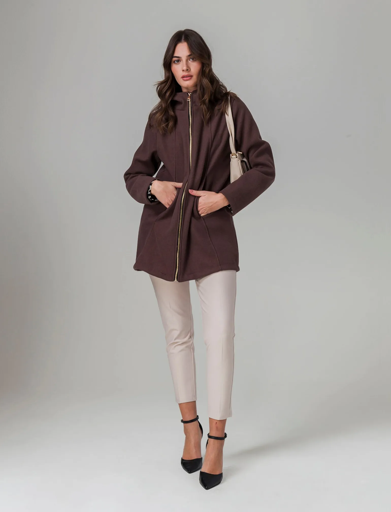 Donna Piazza Italia Giubbini E Cappotti<Cappotto con cappuccio e chiusura con zip - Grigio talpa