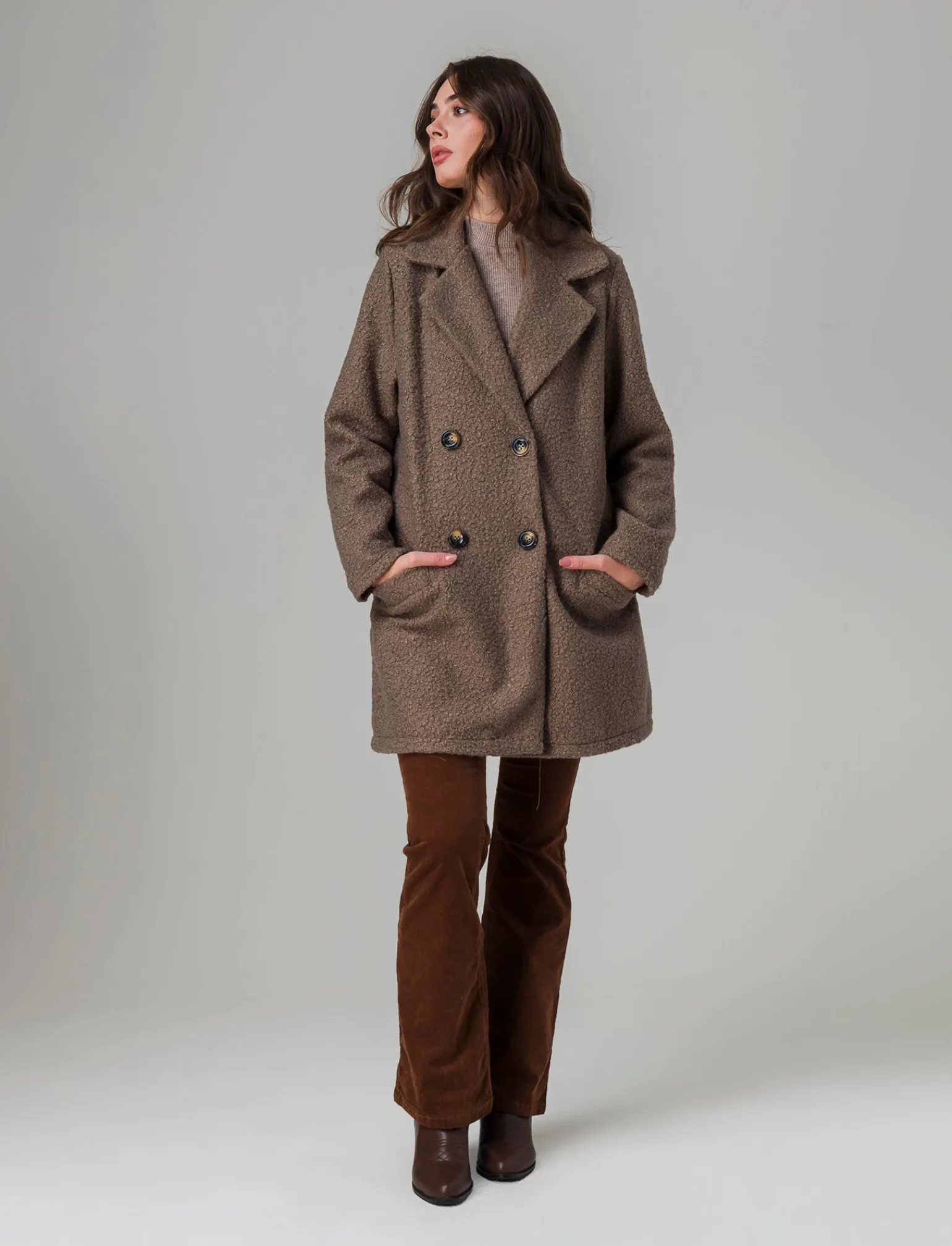 Donna Piazza Italia Giubbini E Cappotti<Cappotto doppiopetto in tessuto bouclè - fango