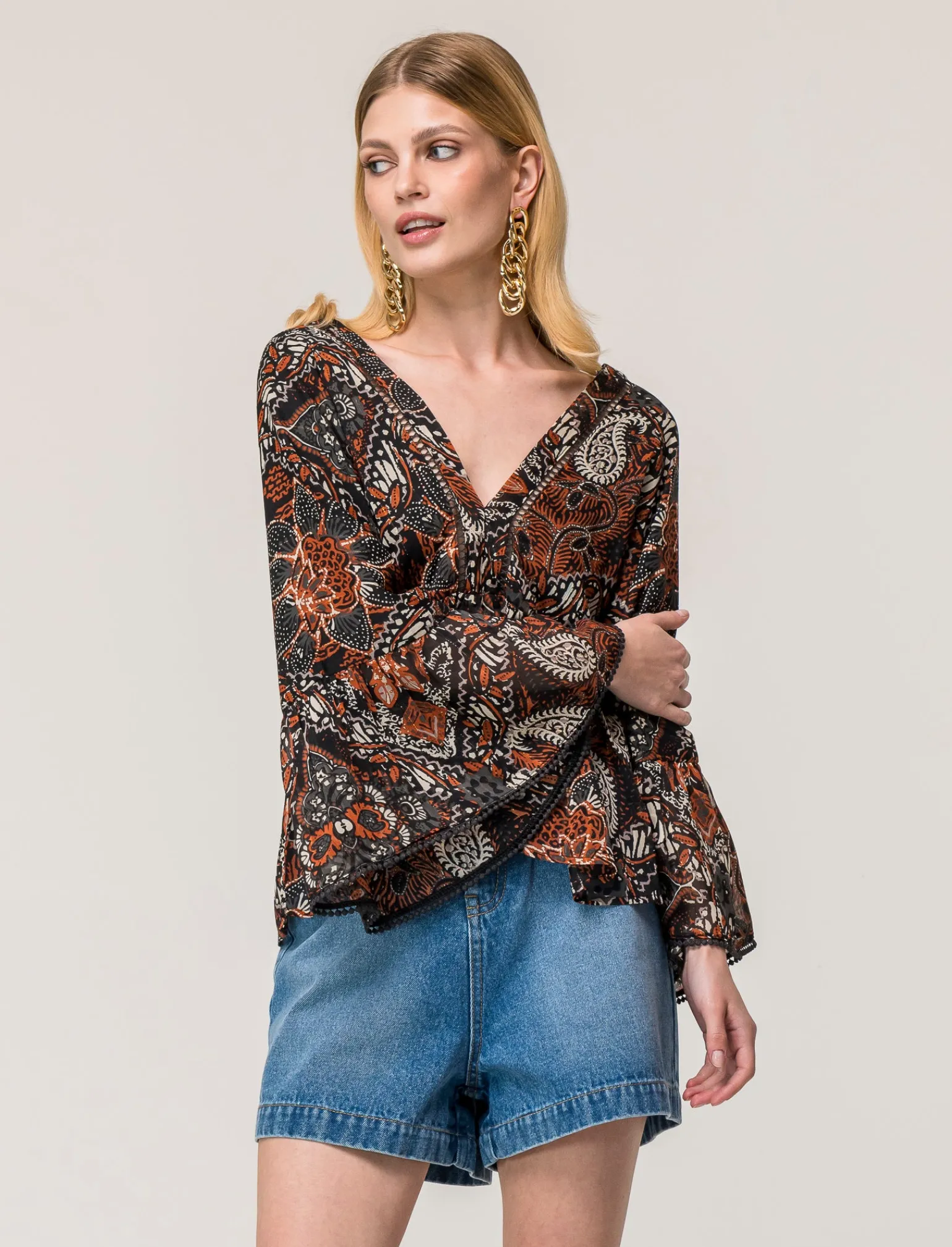 Donna Piazza Italia Donna | Camicie E Casacche<Casacca ampia,stampata con scollo a V con inserti effetto metallizzato - var 1