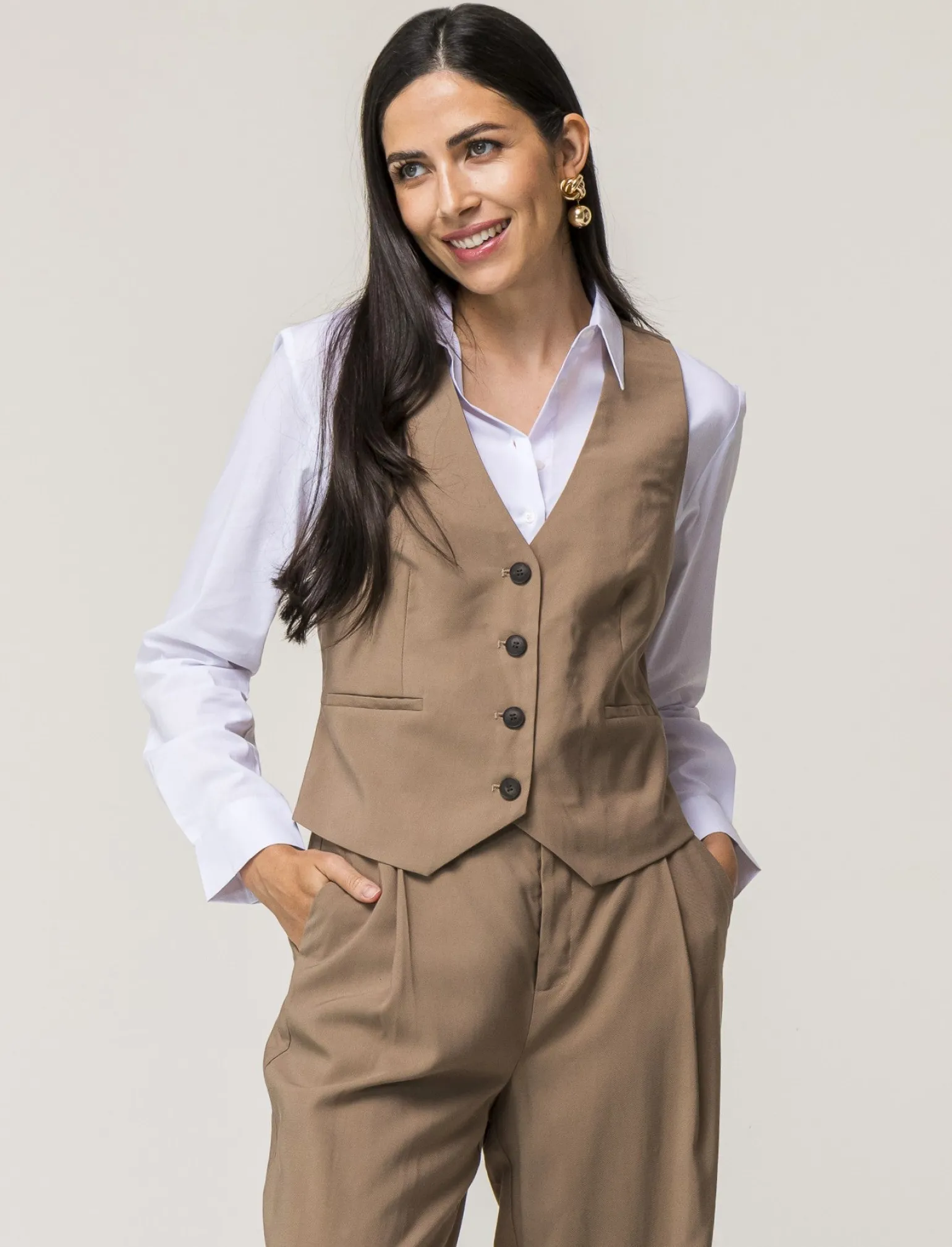 Donna Piazza Italia Donna | Giacche E Blazer<Gilet con bottoni , scollo a V e tasche frontali a filetto - castoro