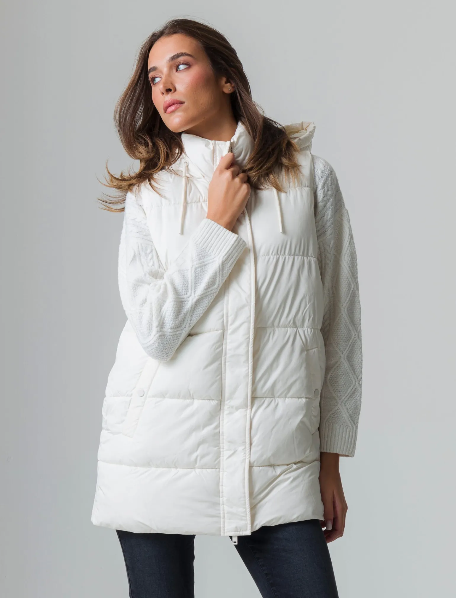 Donna Piazza Italia Donna | Giubbini E Cappotti<Giubbotto modello gilet con cappuccio e tasche a filetto - gesso