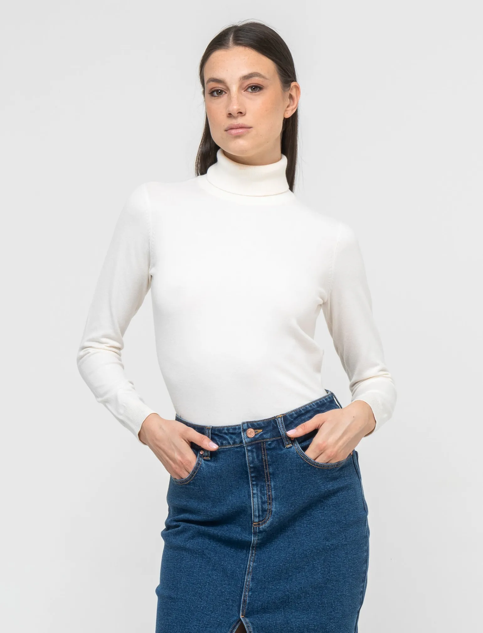 Donna Piazza Italia Donna | Maglieria<Maglia a collo alto basica in maglia fine vestibilità comfort - Avorio