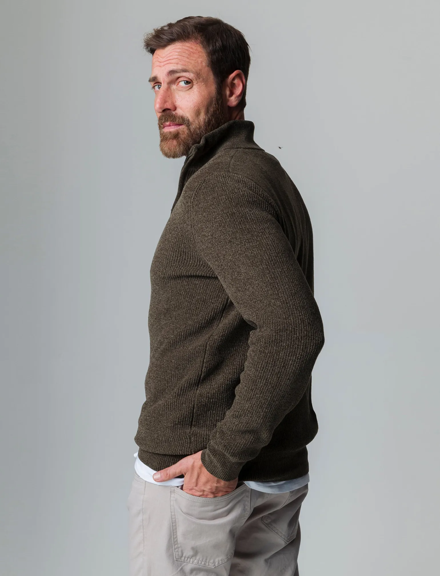 Uomo Piazza Italia Maglieria<Maglia collo alto zip in ciniglia a coste regular fit - kaki