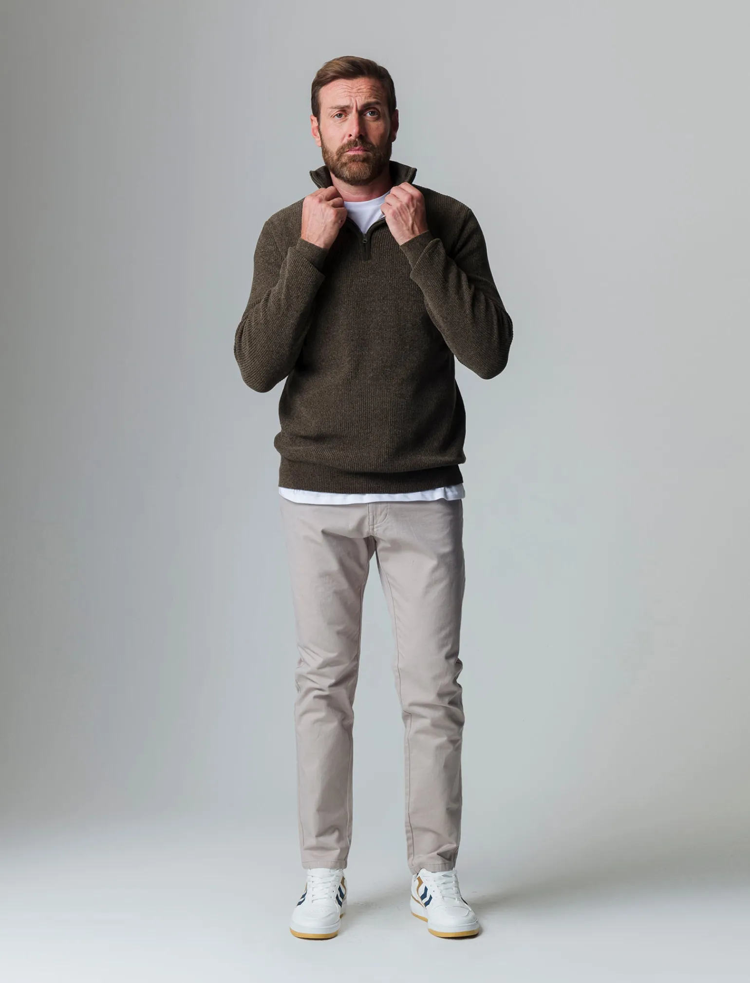 Uomo Piazza Italia Maglieria<Maglia collo alto zip in ciniglia a coste regular fit - kaki