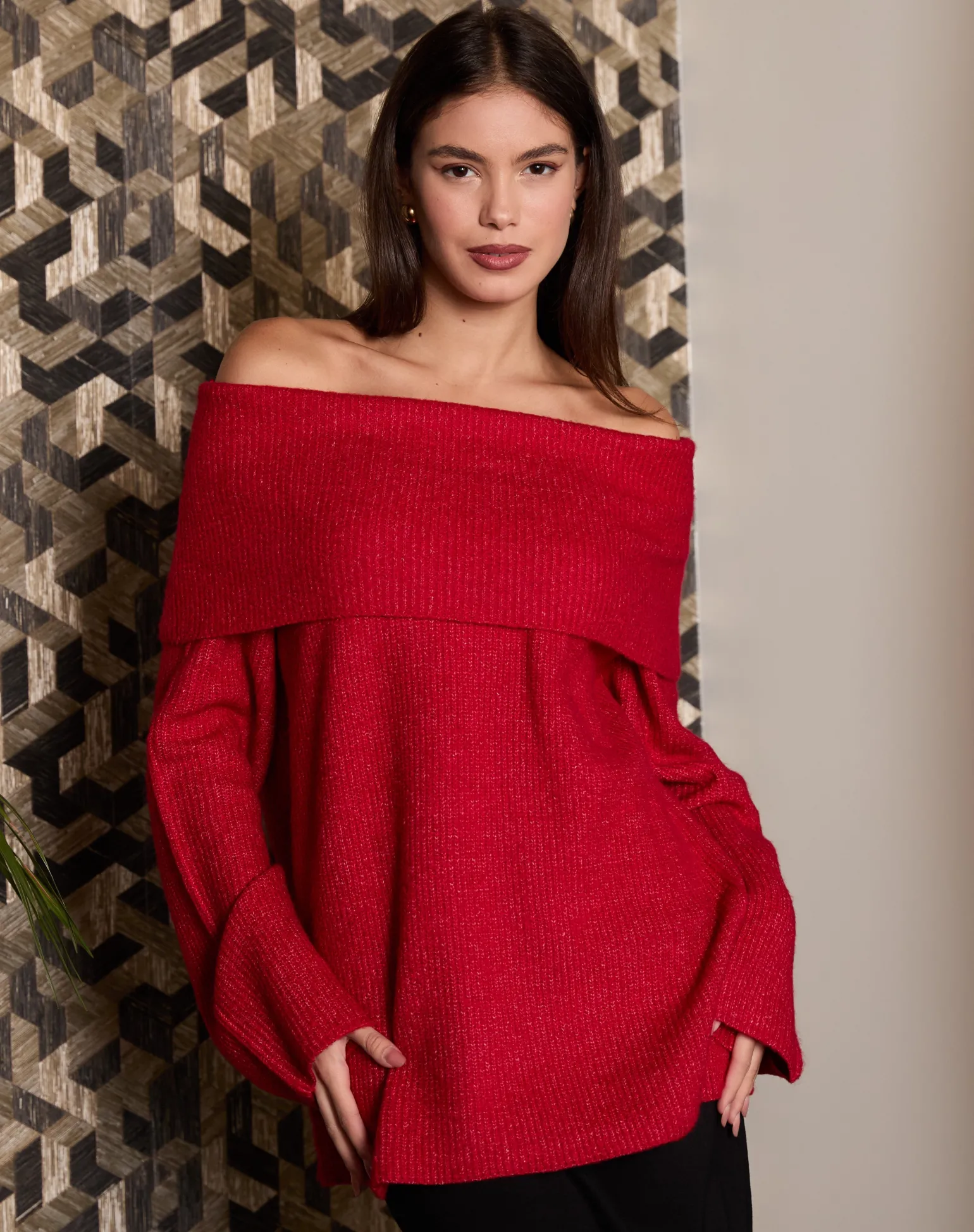 Donna Piazza Italia Donna | Maglieria<Maglia manica lunga scollo risvoltato e spalle scoperte con vestibilità comoda - Rosso