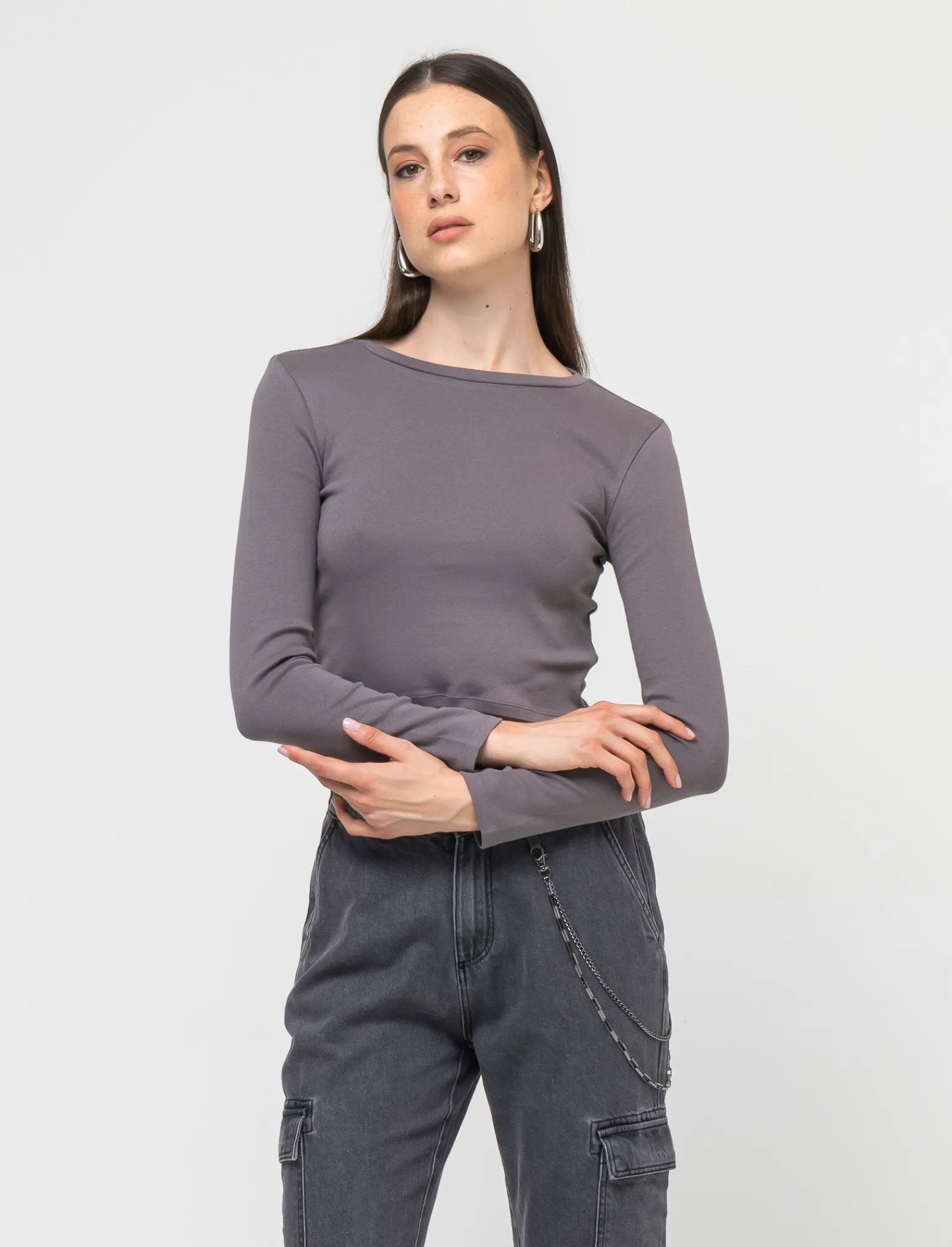 Donna Piazza Italia Donna | Maglieria<Maglietta manica lunga in tessuto elastico a costine - piombo