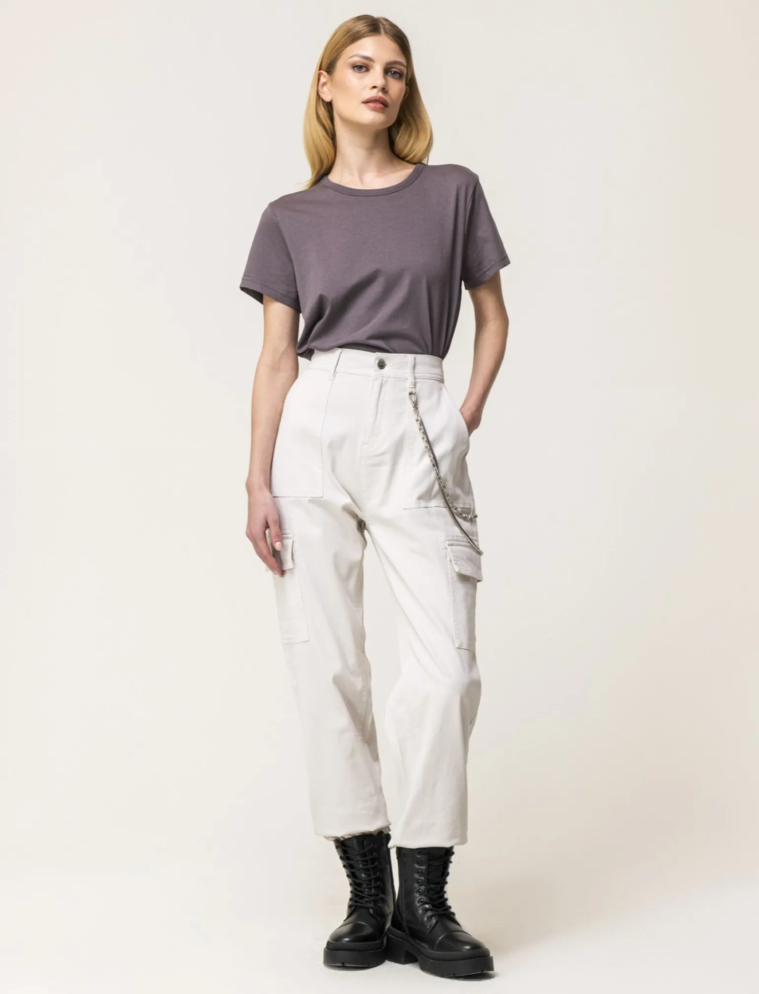 Donna Piazza Italia Donna | Pantaloni<Pantalone colorato con tasconi applicati e catena di tessuto elastico con vestibilita comfort - gesso