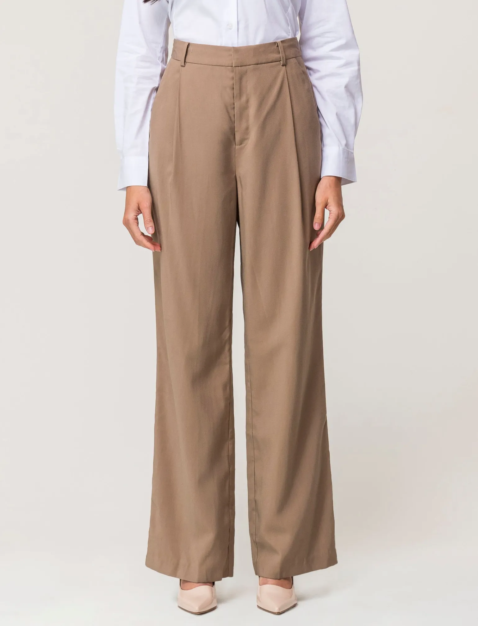 Donna Piazza Italia Pantaloni<Pantalone fromale modello a palazzo in tessuto fluido - castoro