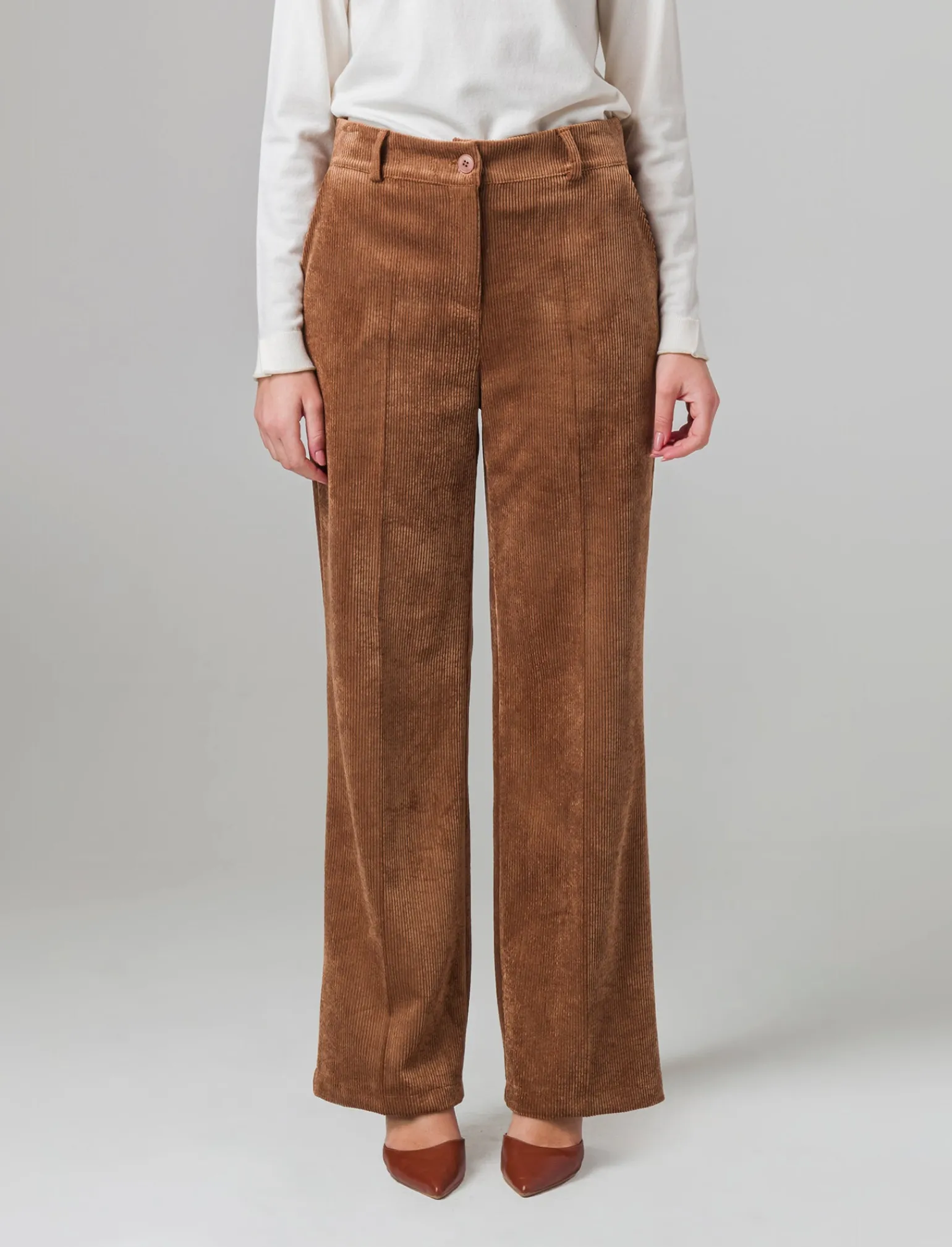 Donna Piazza Italia Pantaloni<Pantalone vita alta a coste con tessuto effetto velluto - tabacco
