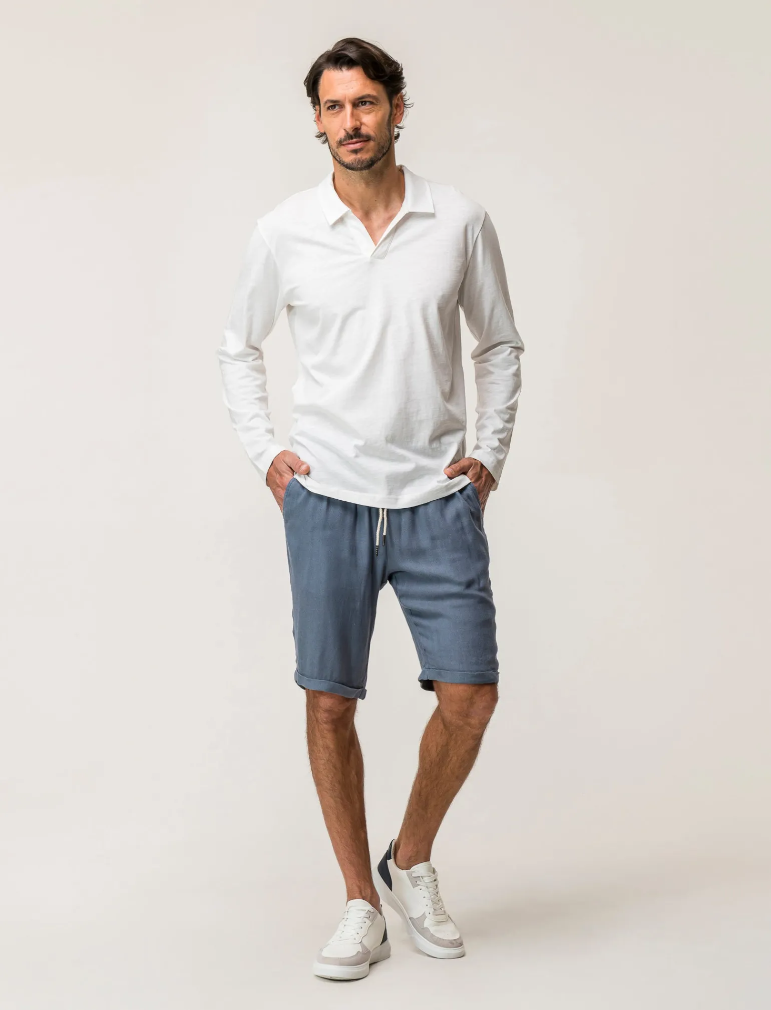Uomo Piazza Italia Uomo | Polo E T-Shirt<Polo derby con colletto classico a rever in puro cotone slub a maniche lunghe -