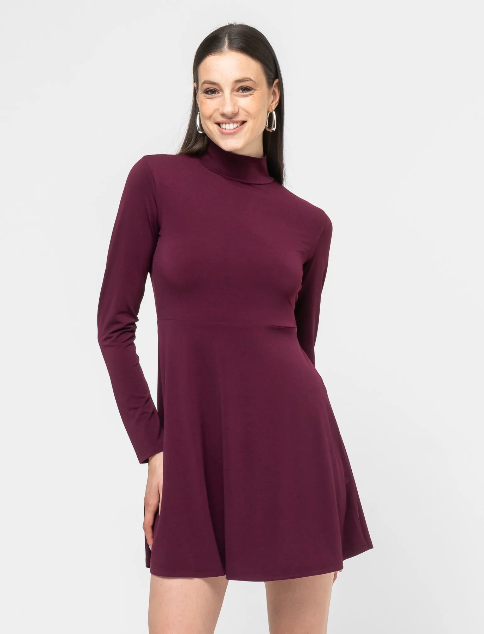 Donna Piazza Italia Donna | Abiti E Tute<Vestito corto con manica lunga e collo alto tagliato in vita e gonna morbida - Lampone