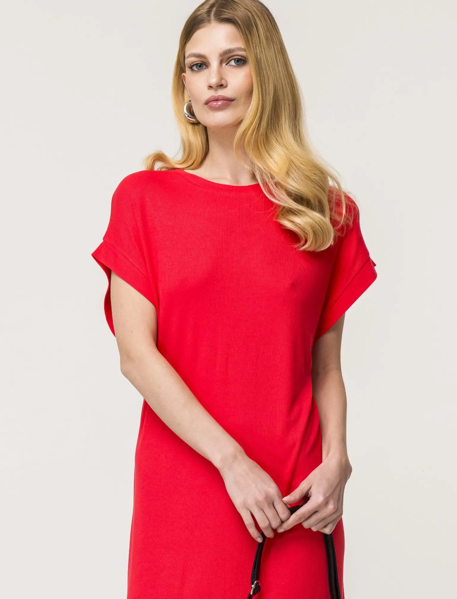Donna Piazza Italia Donna | Abiti E Tute<Vestito in viscosa a coste, girocollo, manica a T con spacchi laterali al fondo - Corallo