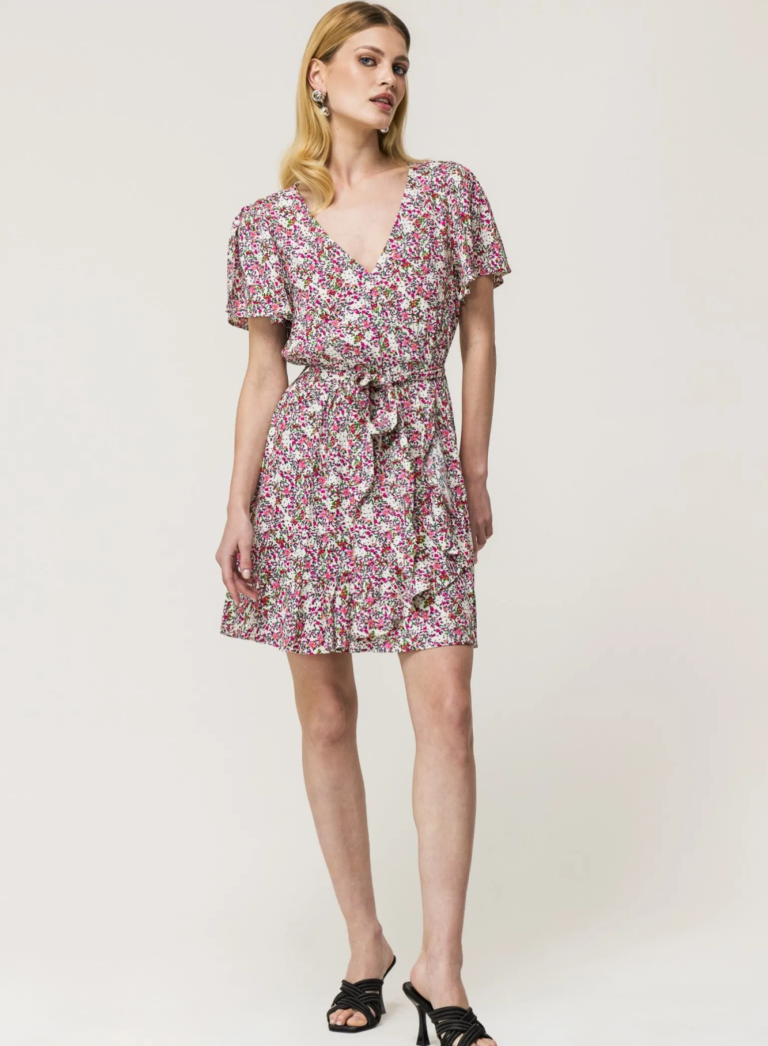 Donna Piazza Italia Donna | Abiti E Tute<Vestito mini stampato con rouches sul fondo e su manica, fusciacca in tessuto in vita - var 1