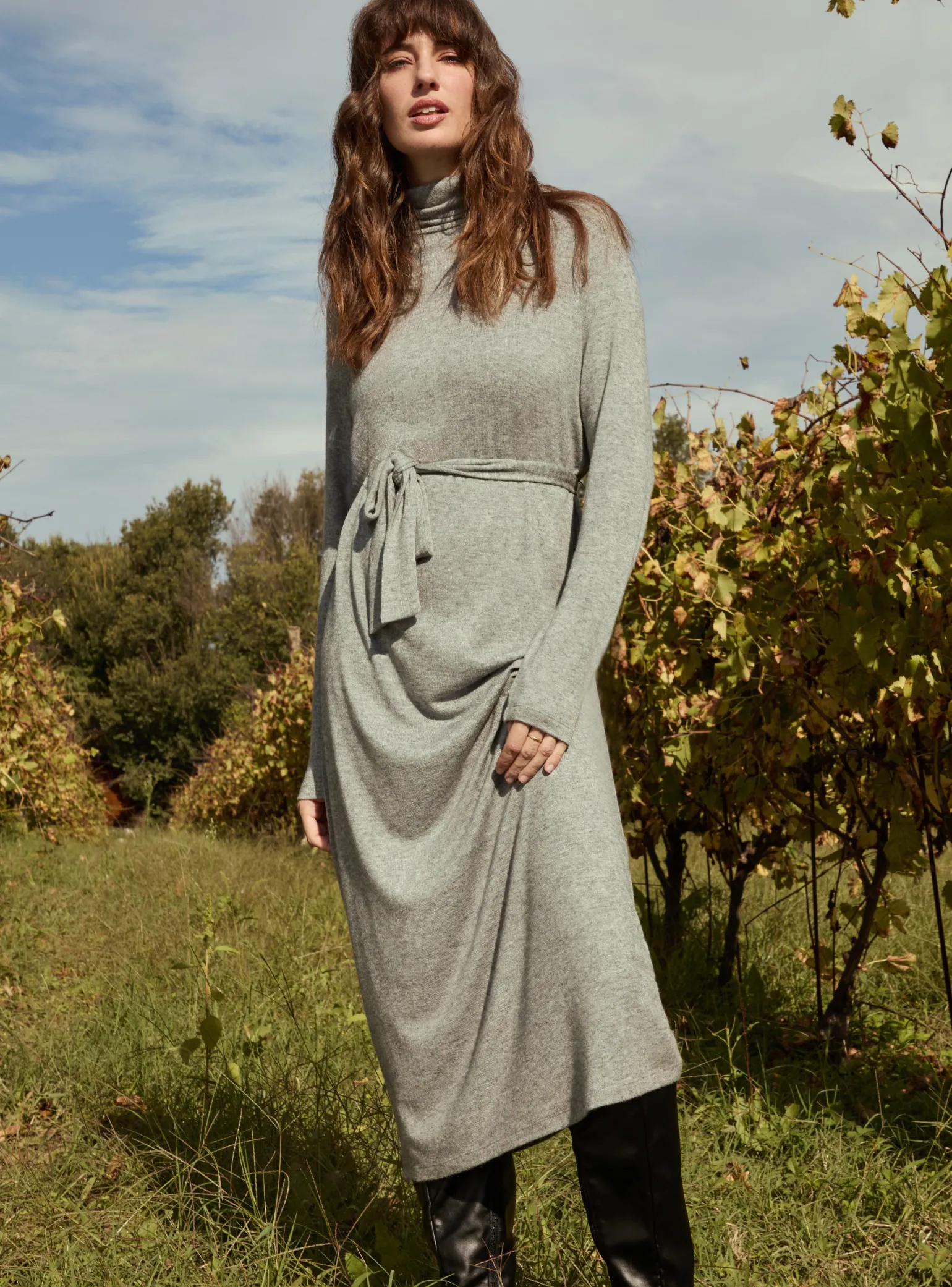 Donna Piazza Italia Donna | Abiti E Tute<Vestuto lungo con cintura manica lunga e collo alto - melange
